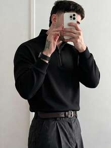 Men's Autumn/Winter Classic Solid Color Half-Zip Polo Collar Sweatshirt, Suitable For Daily Social Wear - Black - View 7