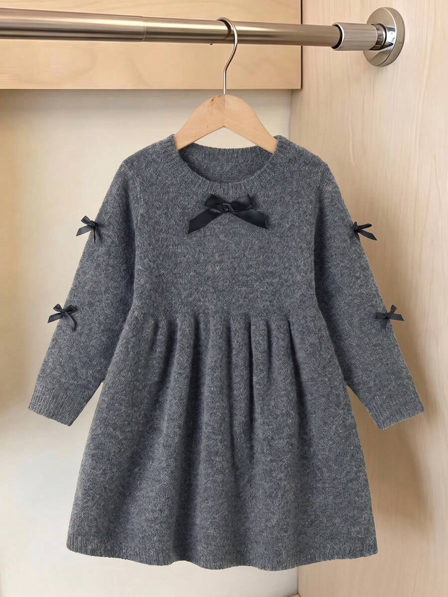 Young Girl 3D Bow Decor Long Sleeve Knitted Sweater Dress Princess Style A-Line Skirt - Grey - View 1