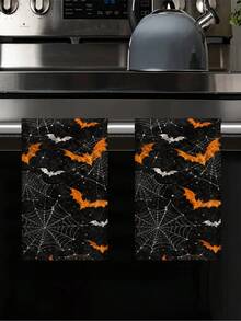 2pcs/4pcs Halloween Bat Spider Web Towels, Orange & White Vintage Distressed Print, Soft Absorbent Microfiber, Bathroom Kitchen Holiday Decor Gift - Multicolor - View 7