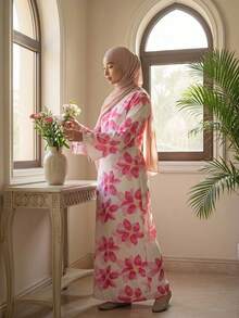 This Arabic Long Dress Has A Dignified Style, Featuring Oversized Floral Print, Round Neckline And Long Sleeves, With A Waist Belt On The Back - White - View 2
