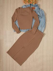 Women's Ribbed Long Sleeve Crop Top And Slit Midi Skirt Set, Casual Elegant Two Pieces Outfit, Autumn Essential - Coffee Brown - View 6
