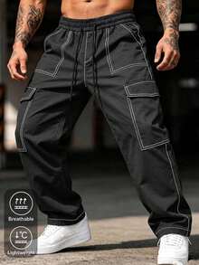 Men's Fashion Contrast Stitching Black Casual Cargo Pants - Drawstring Elastic Waist Loose Practical Long Pants, Summer, Y2K Street Style Sports - Black - View 7