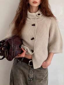 Women's Autumn/Winter French Vintage Style Short Sleeve Knit Cardigan Sweater - Apricot - View 1