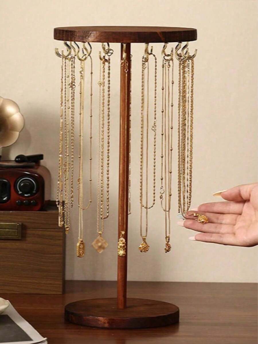 1pc Wooden Round Jewelry Display Stand, Walnut Color, Minimalist Design, Necklace, Pendant, Bracelet, Bangle Organizer, Christmas & Halloween Gift For Women - Imitation Walnut Color - View 1
