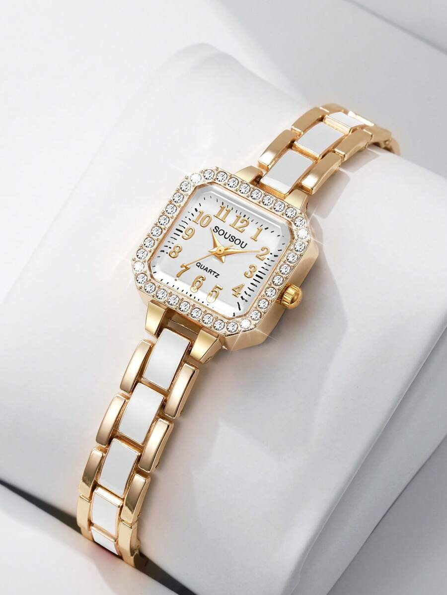 Women's Luxury Square Rhinestone Dial Quartz Watch, Elegant Small Square Wristwatch, Gift For Girlfriend (1pc/Set) Watch Box Not Included - White - View 1