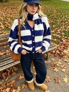 Women's V-Neck Striped Colorblock Single-Breasted Shell Button Lantern Sleeve Loose Knit Cardigan, Plush Soft With Scarf, Fall Winter Daily Style - Multicolor - View 4