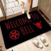 1件裝 暗夜儀式黑色底紅字「Welcome To Hell」手寫主題牛頭與紅星門墊 | 聚酯纖維材質，加厚黏合法蘭絨，0.4英吋厚，580g/Sqm，哥德風美學，適合門廊、入口、車庫 - 紅色 - 查看 6