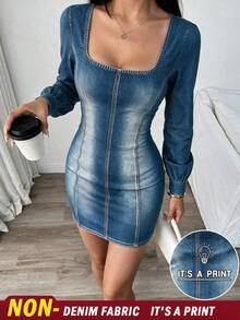 Women's Elegant Square Neck Long Sleeve Denim Print Sexy Short Dress, Suitable For Autumn Evening Outings, Dates And Parties - Denim Blue - View 7