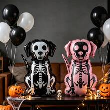 1/2pcs Halloween Skeleton Dog Foil Balloon, Black And White Skeleton Puppy Aluminum Balloon, Halloween Theme Party Decoration, Ghost Pet Dog Shaped Balloon, Halloween Background Photo Prop, Home Yard Indoor Outdoor Decoration, Halloween Eve Party Supplies - Skeleton Dog - View 5