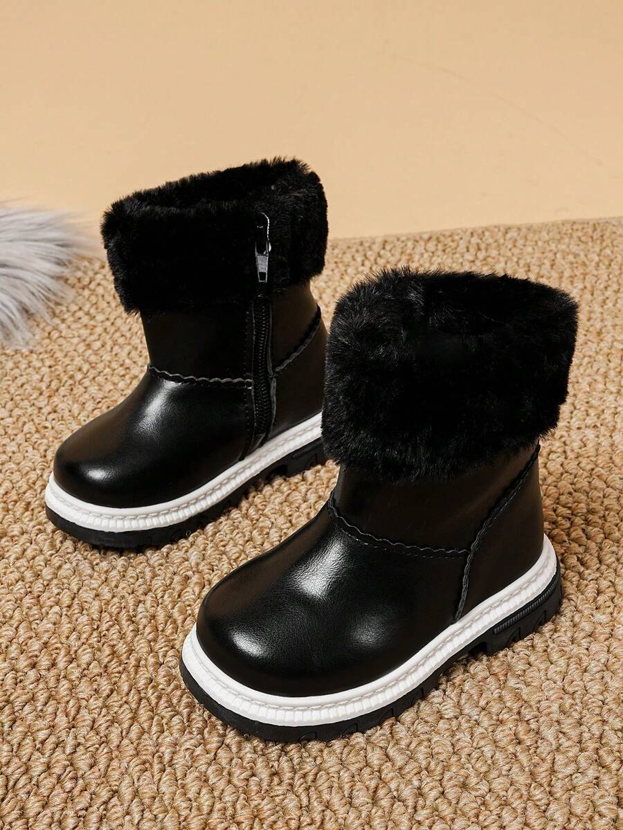 1 Pair Girls Baby Plush Snow Boots, Cute Warm Fleece Lined, Comfortable Flat Non-Slip Snow Boots, Suitable For Daily Outdoor Wear In Autumn And Winter - Black - View 1