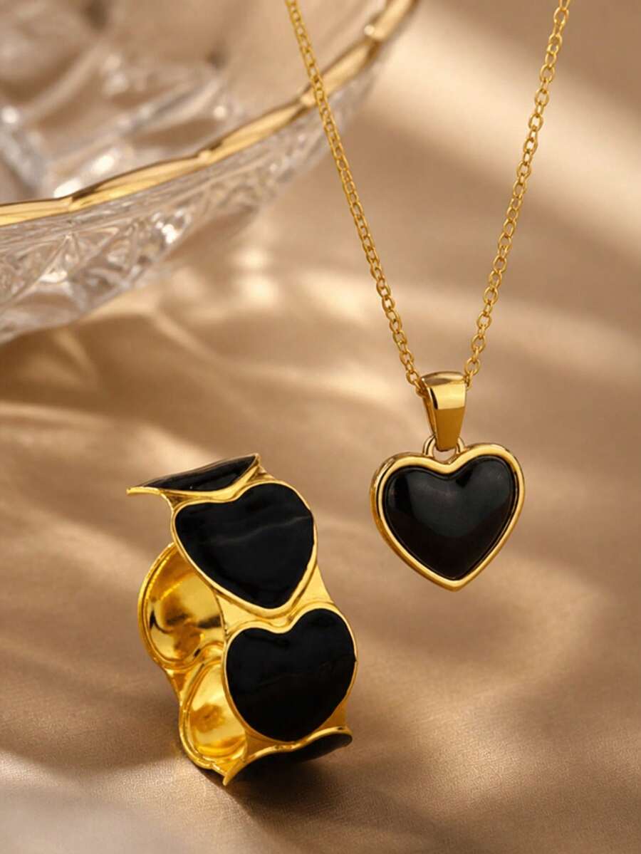 VceTd 1/2PCS Fashion Romantic Black Heart-Shaped Stainless Steel Jewelry Set For Women, Suitable For Daily Wear, Dating Or Gifting - Yellow Gold - View 1