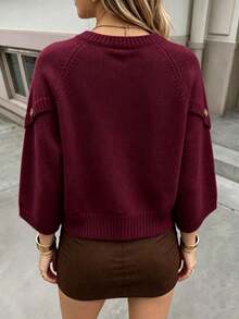 Women's Casual Autumn/Winter Solid Beige Round Neck Batwing Sleeve Knit Top, Button Design Pullover Sweater, Suitable For Daily Office Commute - Burgundy - View 6