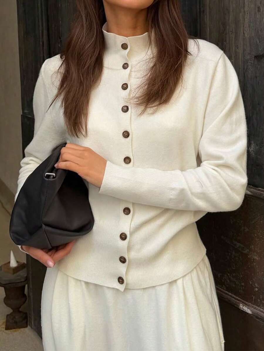 Autumn White Button-Up Small Stand Collar Cardigan Knit Top - White - View 1