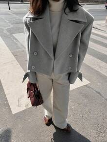 Autumn/Winter Solid Color Blazer Collar Long Sleeve Short Slim Fit Wool Coat, Commute Office Street Style Urban Jacket, Autumn Fashion - Grey - View 3