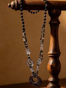 1pc Vintage Boho Long Beaded Pendant Necklace, Black Beads With Oversized Round Pendant, Statement Jewelry For Women, Daily Wear - Black - View 3