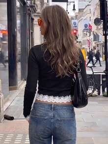 Autumn New Asymmetrical Lace Trim Patchwork Long Sleeve T-Shirt, Slim Fit Flattering Base Layer, Cropped Top - Black - View 3