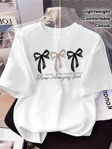 New Year's T-Shirt With Bow Print For Women - Round Neck Top - Lightweight, Casual Design For Spring/Summer With Fantasy Motif And Signature Zita - White - View 1