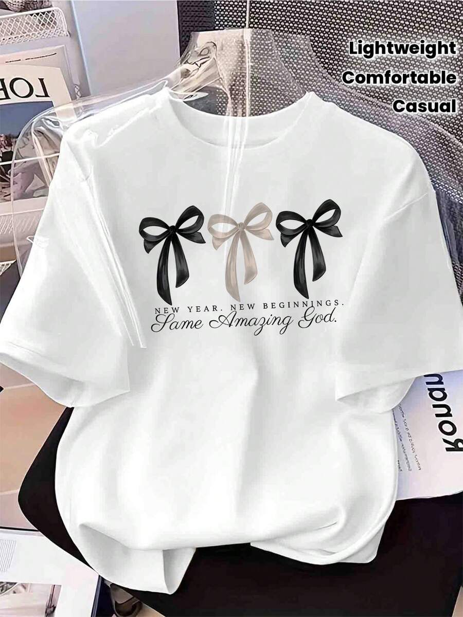 New Year's T-Shirt With Bow Print For Women - Round Neck Top - Lightweight, Casual Design For Spring/Summer With Fantasy Motif And Signature Zita - White - View 1