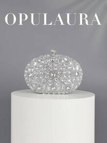 OpulAura Luxury Women's Sparkling Crystal-Embellished Mini Box Clutch Bag, Glamorous Rhinestone Evening Handbag Suitable For Formal Events - Silver - View 1