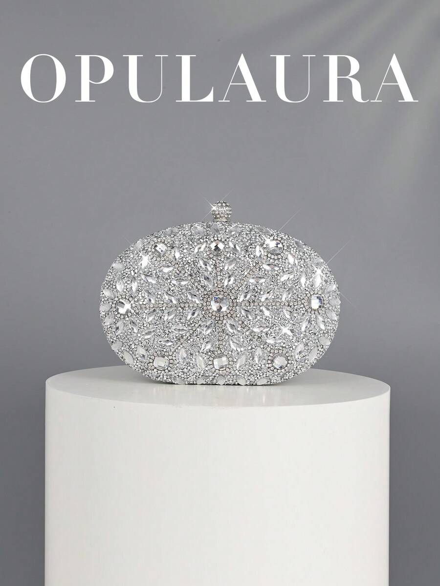 OpulAura Luxury Women's Sparkling Crystal-Embellished Mini Box Clutch Bag, Glamorous Rhinestone Evening Handbag Suitable For Formal Events - Silver - View 1
