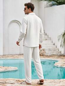 Mercer Haus Men's Minimalist Premium Embossed Texture Long Sleeve Shirt & Loose Casual Lapel Collar Straight Leg Pants 2 Pieces Set - White - View 2