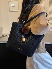 Tote Bag With Dark Pattern Print, Pom Pom Charm, Beaded Accessories, Adjustable Handle And Shoulder Strap, Large Capacity, Atmospheric Tote Bag For Women, Versatile Bag Suitable For Daily Use, School, Work, Travel, Shopping, Commuting, Shoulder Large Bag - Black - View 5