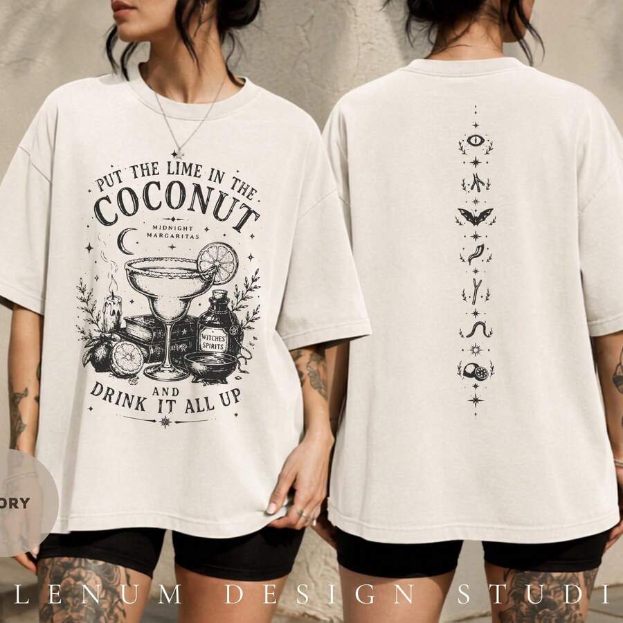 Practical Magics Midnight Margaritas Graphic T‑Shirt Double Sided Print Cotton Oversized Witchy Gothic Women Tee Halloween Party 2026 - White - View 1
