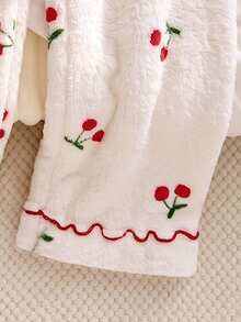Cute Autumn/Winter Girls Cherry Print White Long Sleeve Open Front Pajama Set, Warm Comfortable Soft, Girls Home Casual - White - View 8