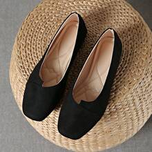 Women Vintage Black Suede Square Toe Flats Simple Splicing Slip‑On Soft Sole Lightweight Comfortable Shoes For Work Daily Walking - Black - View 6