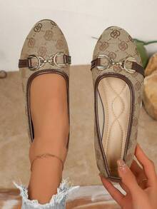 Women's Square Toe Elastic Band Buckle Decor Flat Loafers, Suitable For All Seasons - Brown - View 1