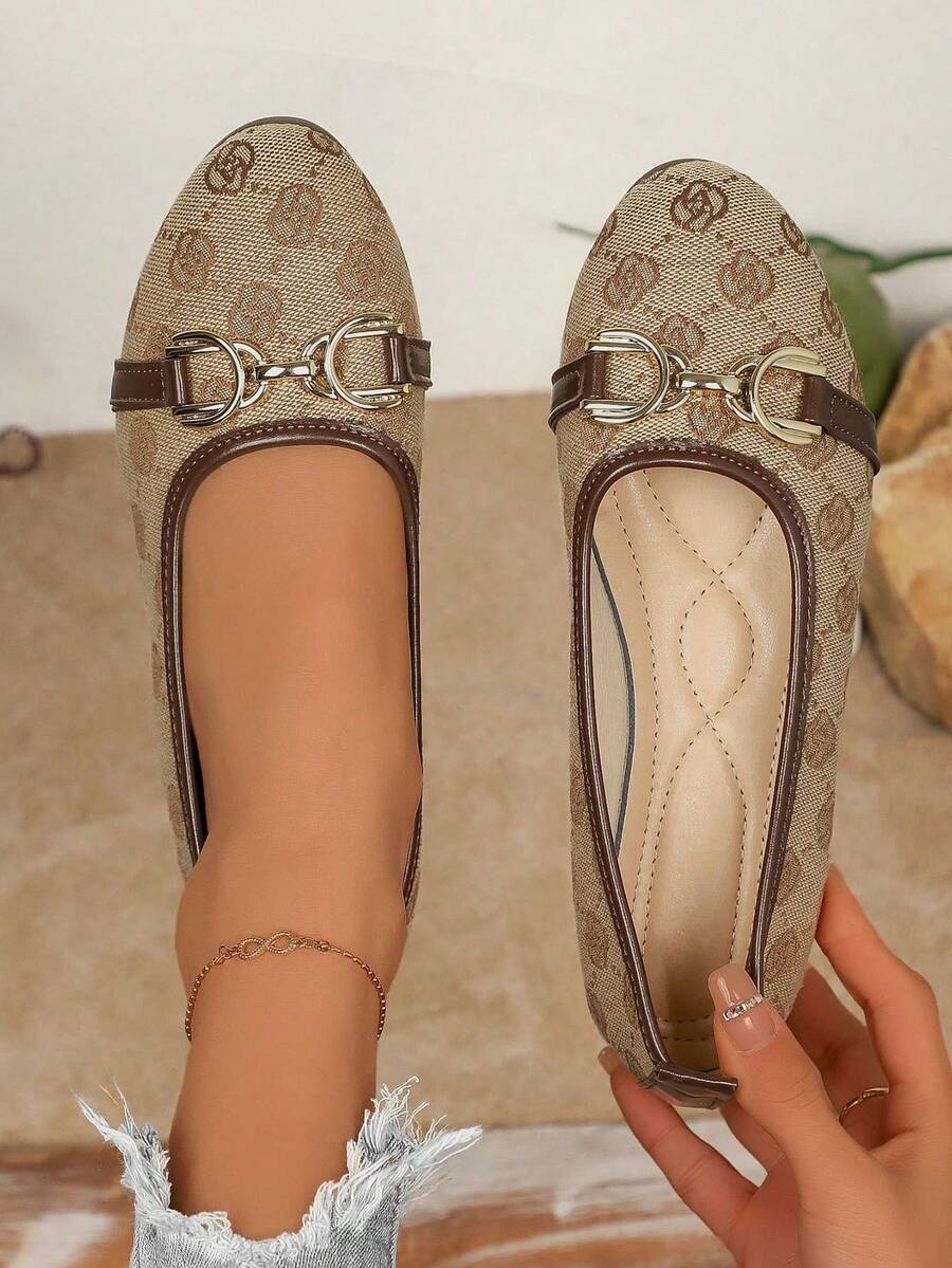 Women's Square Toe Elastic Band Buckle Decor Flat Loafers, Suitable For All Seasons - Brown - View 1