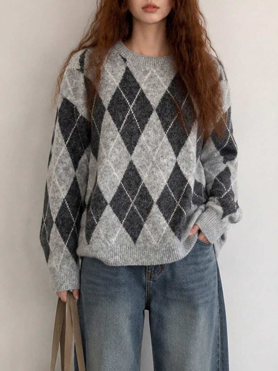 Women's Winter Casual Minimalist Fuzzy Diamond Pattern Crew Neck Pullover Sweater - Grey - View 1