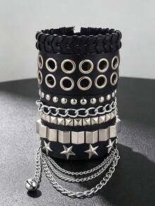 Xiacheng 1/3/4 Pcs Punk Rock Studded Bracelet, Biker Cuff | Black Leather, Adjustable Leather Cuff,Y2K Gothic, Wrap Bangle, Snap Button Gift For Halloween - Multicolor - View 1