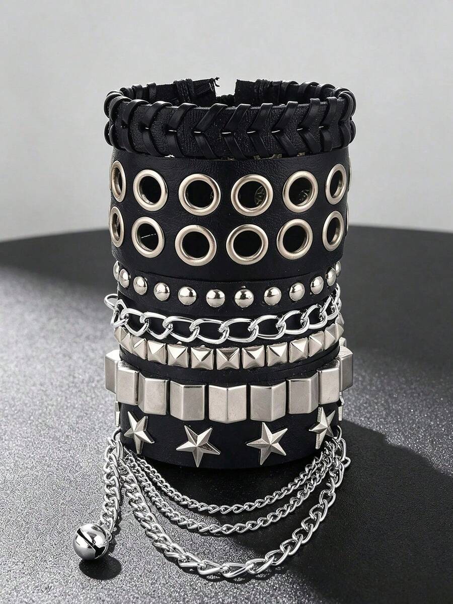 Xiacheng 1/3/4 Pcs Punk Rock Studded Bracelet, Biker Cuff | Black Leather, Adjustable Leather Cuff,Y2K Gothic, Wrap Bangle, Snap Button Gift For Halloween - Multicolor - View 1