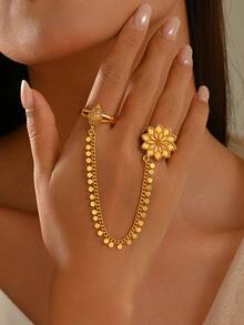 1pc Arabic Vintage Multi-Layer Petal Floral Embossed Bell Dangle Tassel Chain Finger Ring, Women's Wedding Evening Party Celebration Accessory - Yellow Gold - View 5