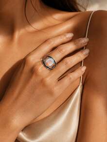 1pc Exquisite Vintage Rainbow Artificial Moonstone Geometric Ring For Women, Suitable For Daily Commute, Party And Banquet Wear - Silver - View 2