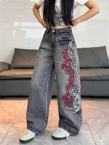 1件女款寬鬆刺繡寬腿牛仔褲，舒適休閒高街時尚長褲（不含腰帶/配件）春季黑色秋季 - 黑色 - 查看 4