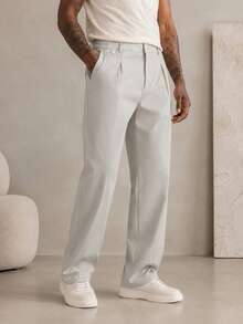 Light Gray Single Pleat Drape Straight Leg Casual Trousers With Waist Buckle Decor, Loose Fit Versatile Long Pants For Men - Grey - View 1
