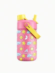 Powcan 12oz Kids Stainless Steel Water Bottle: 2-In-1 Straw & Spout Lid, Leak-Proof Mug With Carrying Bag, 24-Hour Cold Retention, Easy To Clean, Suitable For School, Travel, Play, Gift - Pink Yellow Sky - View 1