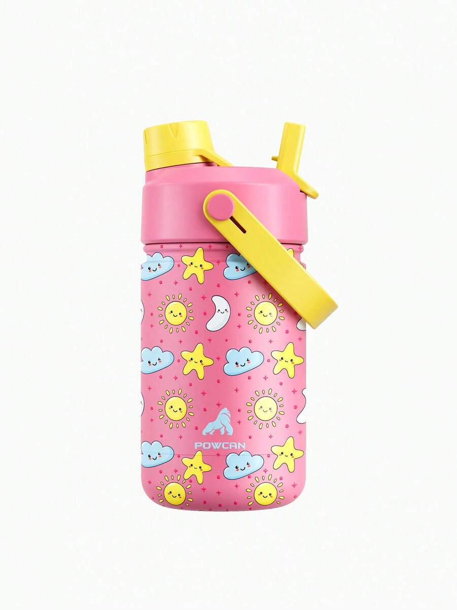Powcan 12oz Kids Stainless Steel Water Bottle: 2-In-1 Straw & Spout Lid, Leak-Proof Mug With Carrying Bag, 24-Hour Cold Retention, Easy To Clean, Suitable For School, Travel, Play, Gift - Pink Yellow Sky - View 1
