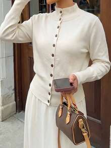 Autumn White Button-Up Small Stand Collar Cardigan Knit Top - White - View 5
