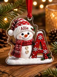 1pc Custom Text Snowman With Initial Letter Christmas Hanging Ornament, Knit Hat Scarf Snowman, Snowflake Holly Berry Decor, Personalized Custom Name, Christmas Tree Ornament, Christmas Gift, Custom Souvenir Gift For Family Friends - Multicolor - View 5