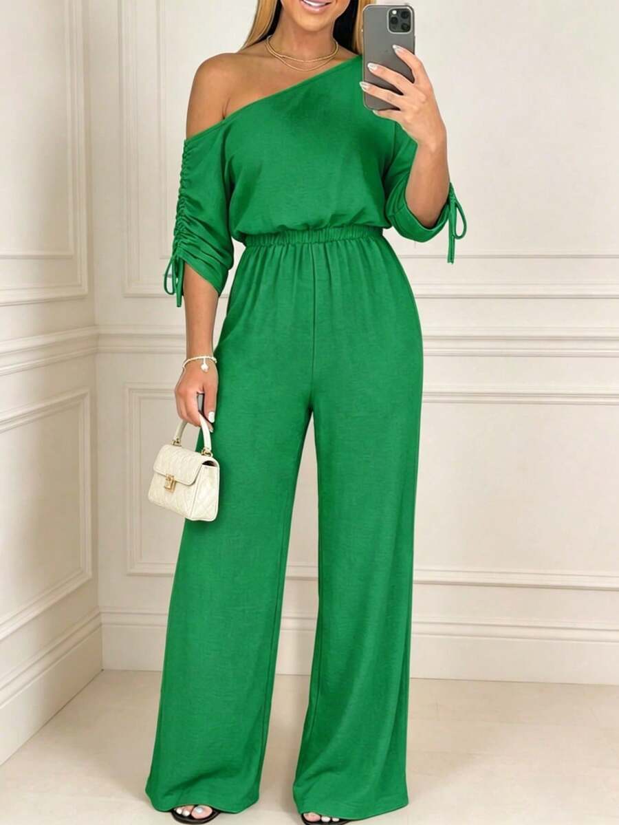 ChicMe Women's Oblique Neck Drawstring Cuff Elastic Waist Loose Wide Leg Jumpsuit, Casual Elegant Suitable For Daily, Office, Party Wear Summer - Green - View 1