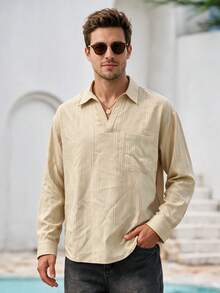 Mercer Haus Men's Henley Collar Long Sleeve Shirt Textured Striped Loose Casual Pullover Shirt - Apricot - View 1