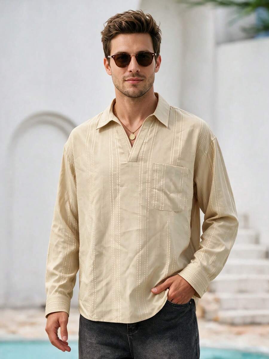 Mercer Haus Men's Henley Collar Long Sleeve Shirt Textured Striped Loose Casual Pullover Shirt - Apricot - View 1