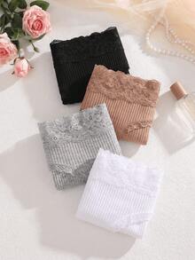 4pcs Solid Color Lace Patchwork Ribbed Cotton Women's Thong Panties, Mature Romantic Sexy Ladies Underwear - Multicolor - View 3