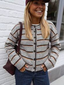 Women Retro Round Neck Contrast Stripe Long Sleeve Sweater Cardigan Color Block Drop Shoulder Sweater–Fall Winter Loose Casual Versatile Fashion - Multicolor - View 5
