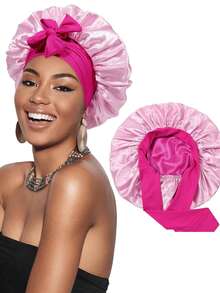 Women's Double-Layer Reversible Solid Color Silky Satin Comfortable Home Daily Sleep Hair Care Styling Cap - A - View 9