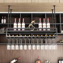 Ceiling Wine Glass Rack Hanging Wine Rack with Glass Holder and 2-Layer Shelf, Height Adjustable Industrial Hanging Wine Bottle Holder for Bar Cafe Ki - Bronce - Ver 6