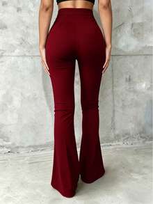 Women's High-Waisted Flare Pants, Front Seam Detail, Stretch Fabric, Suitable For Daily, Formal Occasions And Parties - Burgundy - View 2